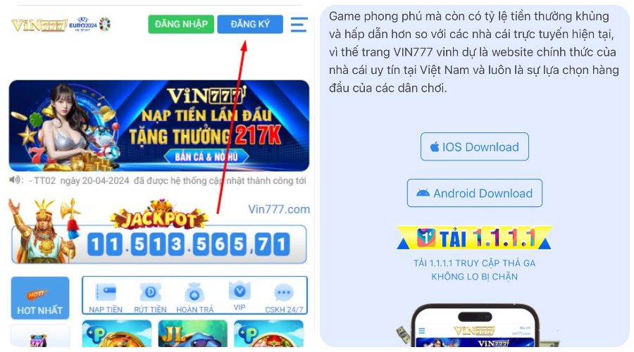 Chọn Android Download để tải Vin777 về điện thoại